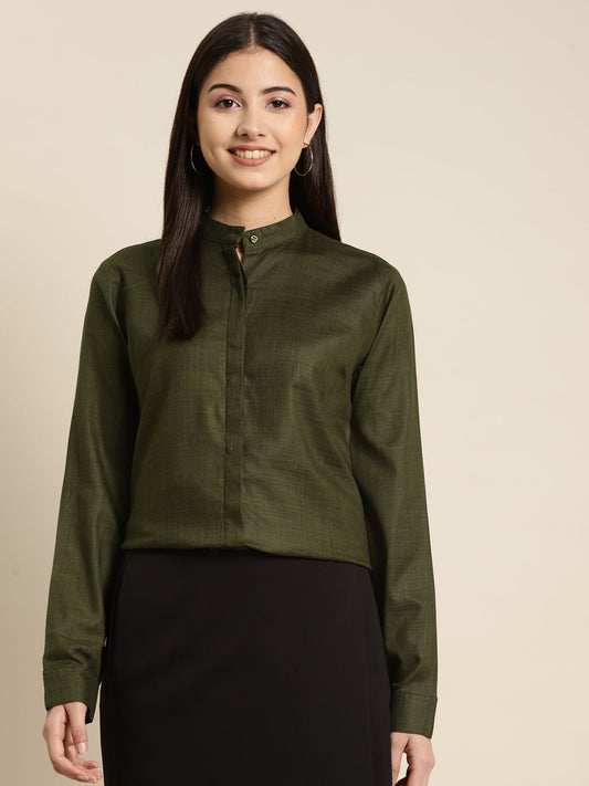 Women Olive Solid Pure Cotton Regular Fit Formal Shirt - #folk republic#