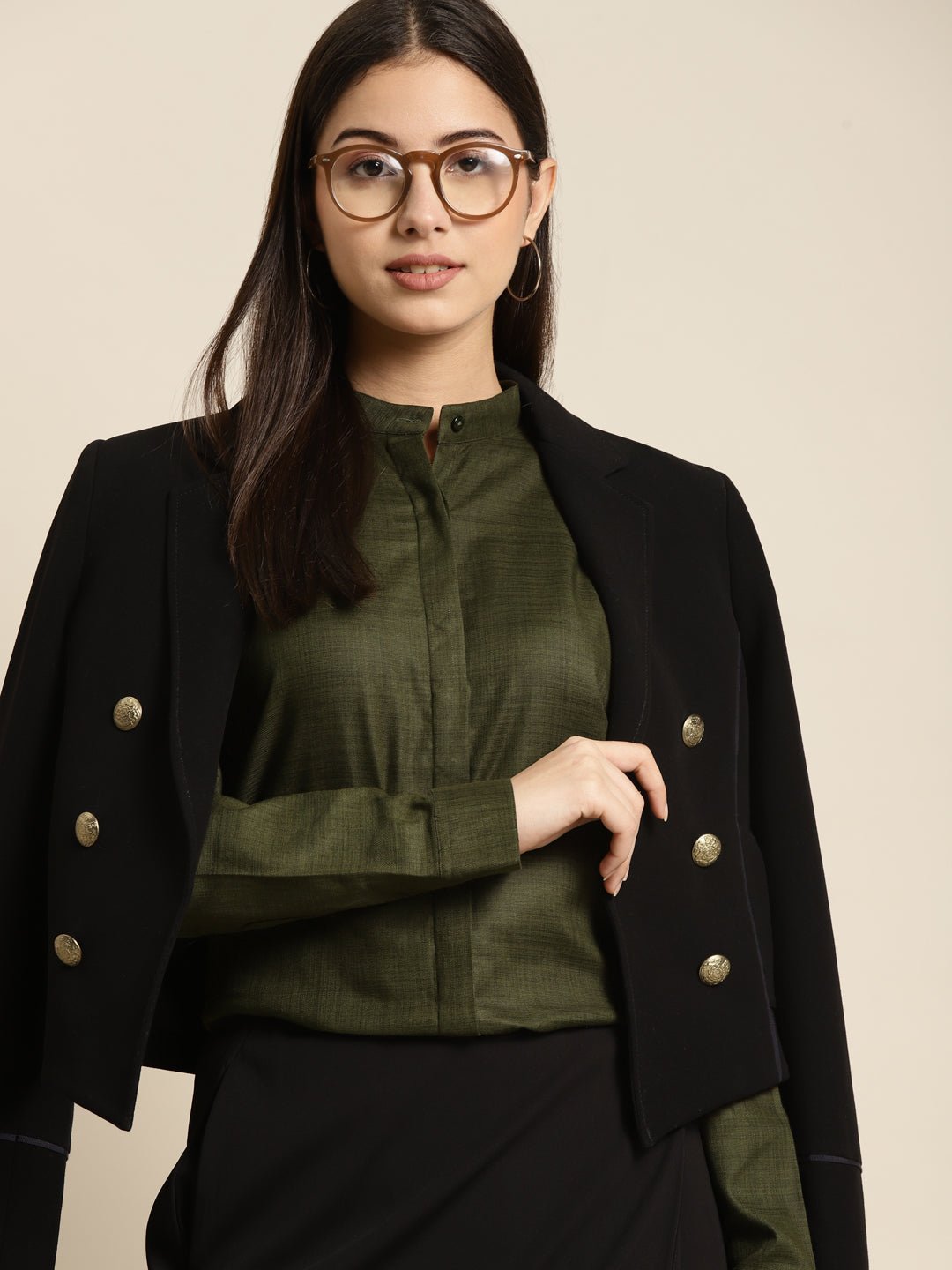 Women Olive Solid Pure Cotton Regular Fit Formal Shirt - #folk republic#