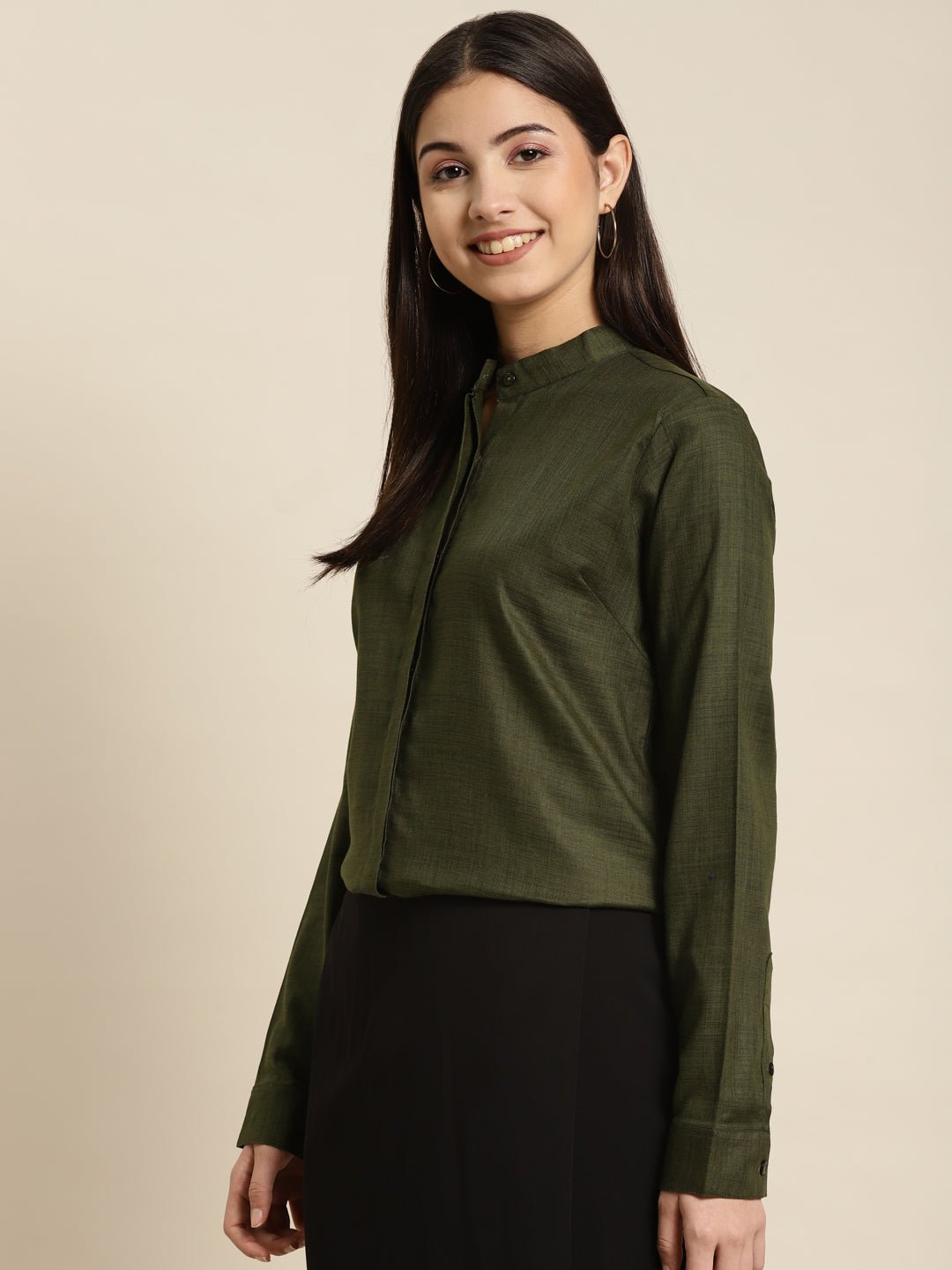 Women Olive Solid Pure Cotton Regular Fit Formal Shirt - #folk republic#