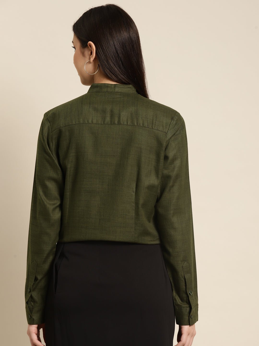 Women Olive Solid Pure Cotton Regular Fit Formal Shirt - #folk republic#