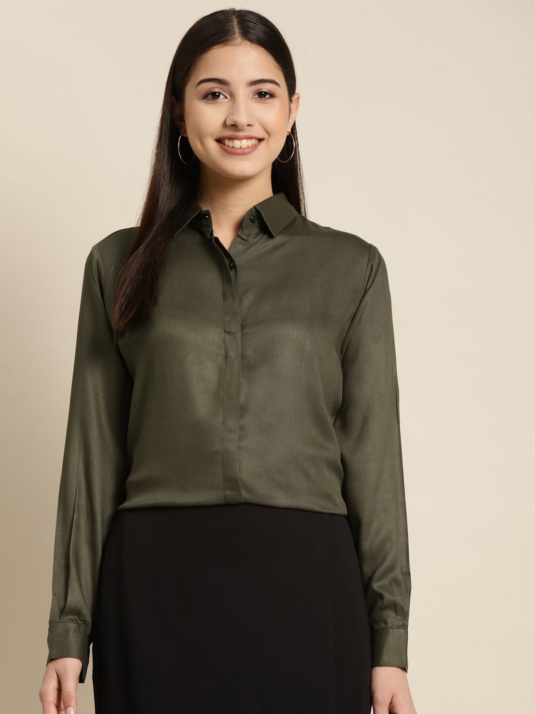 Women Olive Solid Viscose Rayon Regular Fit Formal Shirt - #folk republic#