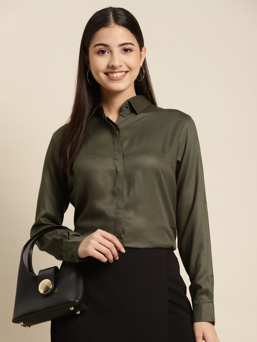 Women Olive Solid Viscose Rayon Regular Fit Formal Shirt - #folk republic#