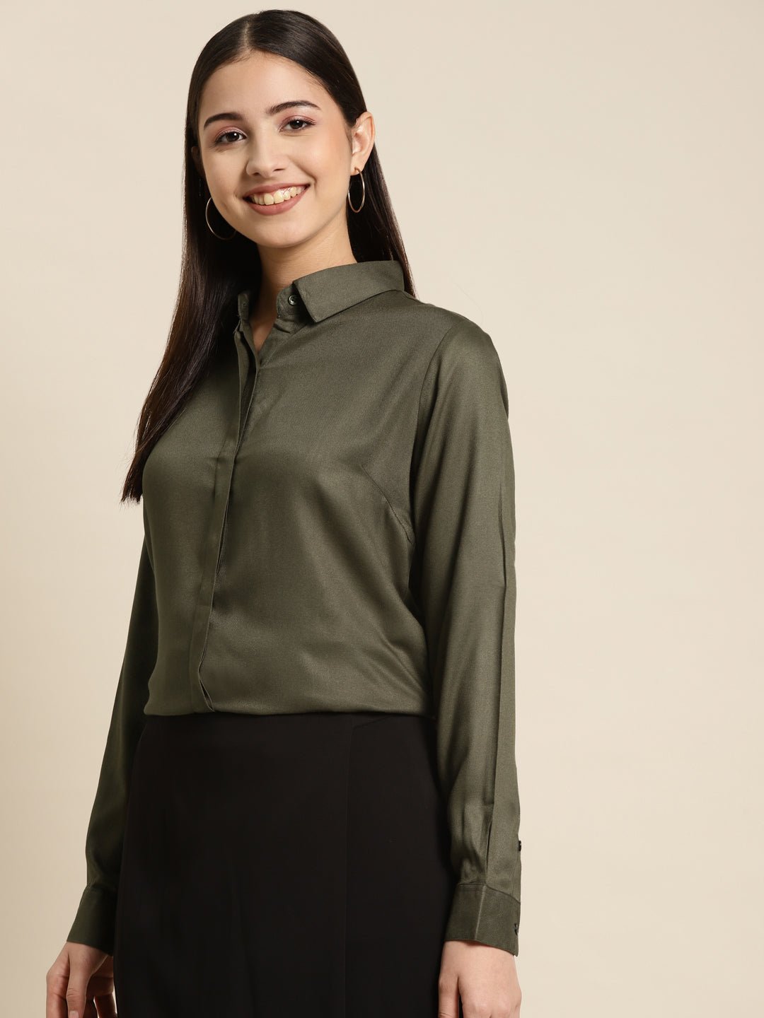 Women Olive Solid Viscose Rayon Regular Fit Formal Shirt - #folk republic#