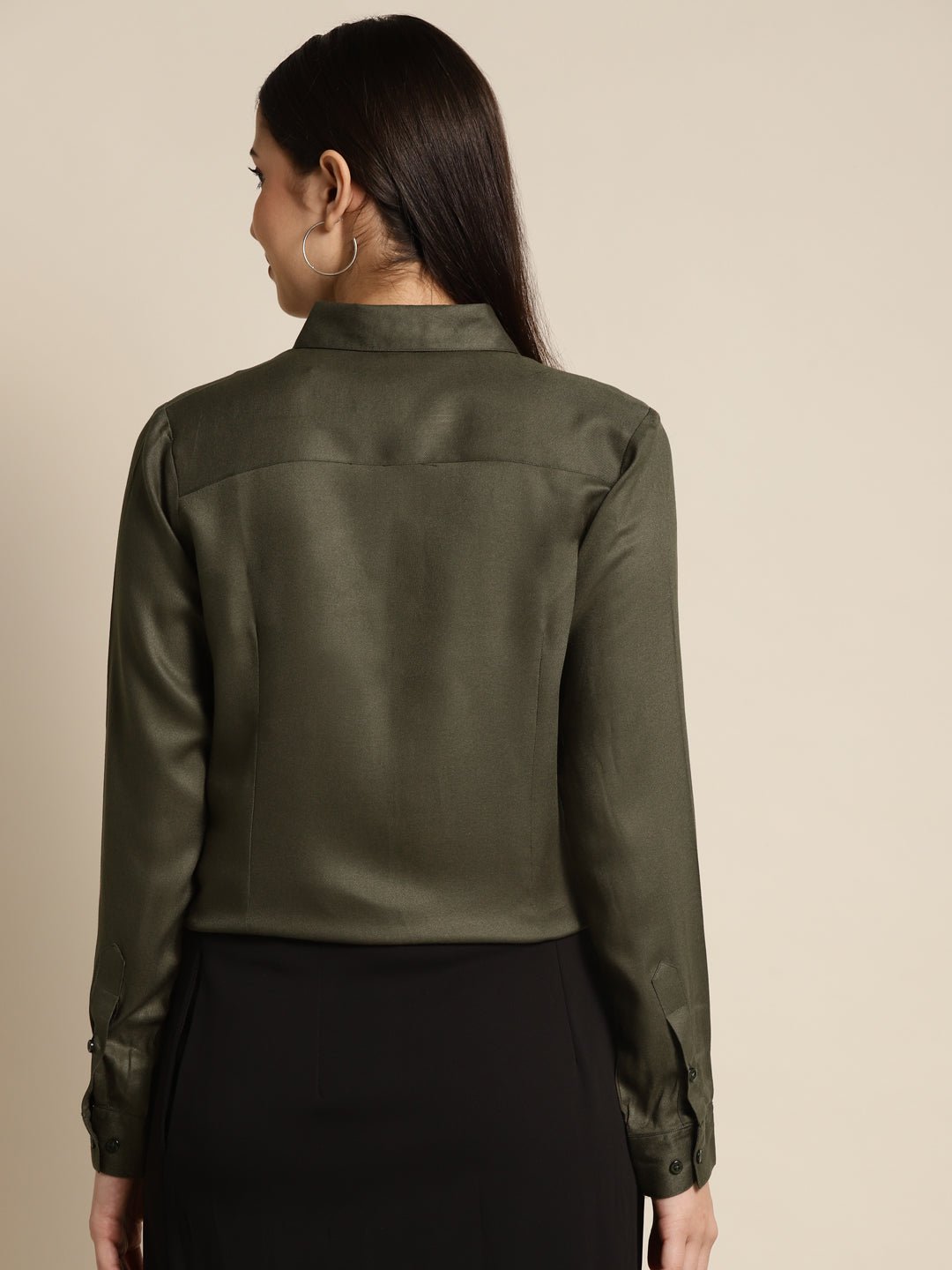 Women Olive Solid Viscose Rayon Regular Fit Formal Shirt - #folk republic#
