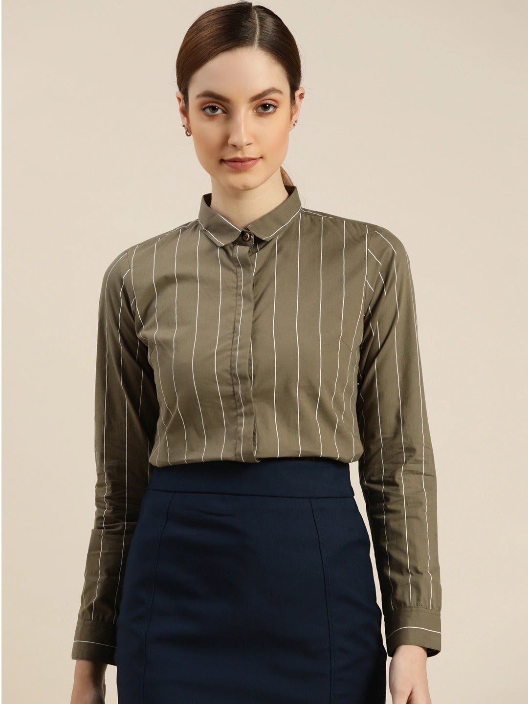 Women Olive Striped Pure Cotton Slim Fit Formal Shirt - #folk republic#