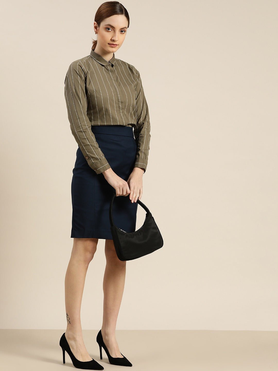 Women Olive Striped Pure Cotton Slim Fit Formal Shirt - #folk republic#