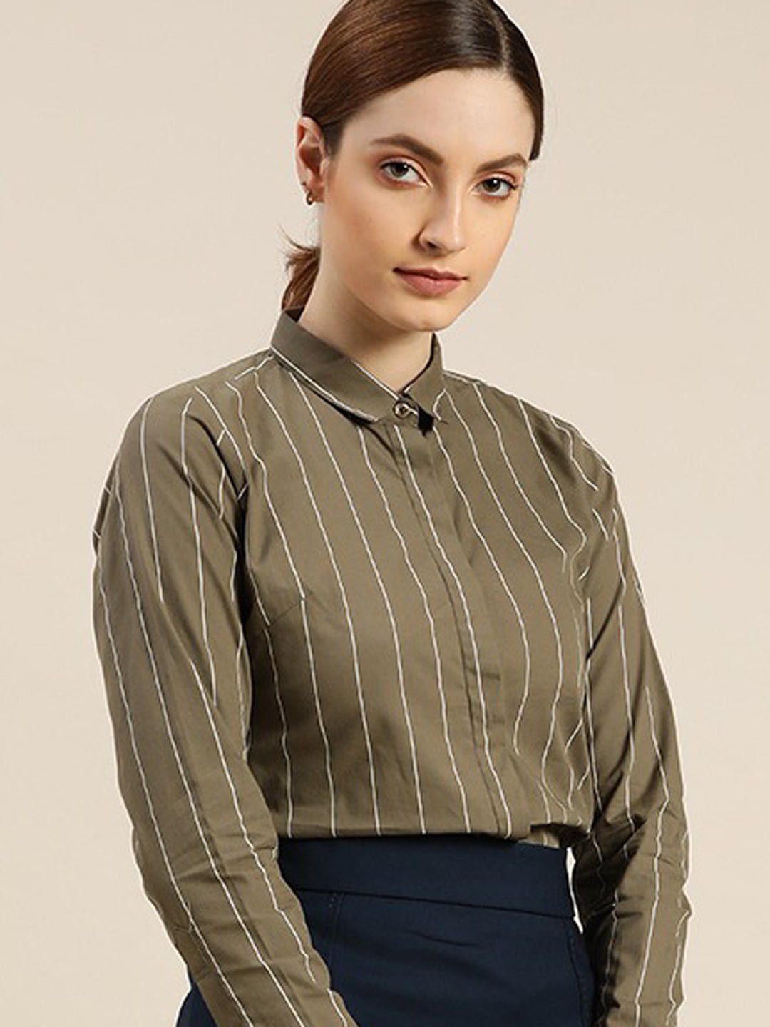 Women Olive Striped Pure Cotton Slim Fit Formal Shirt - #folk republic#