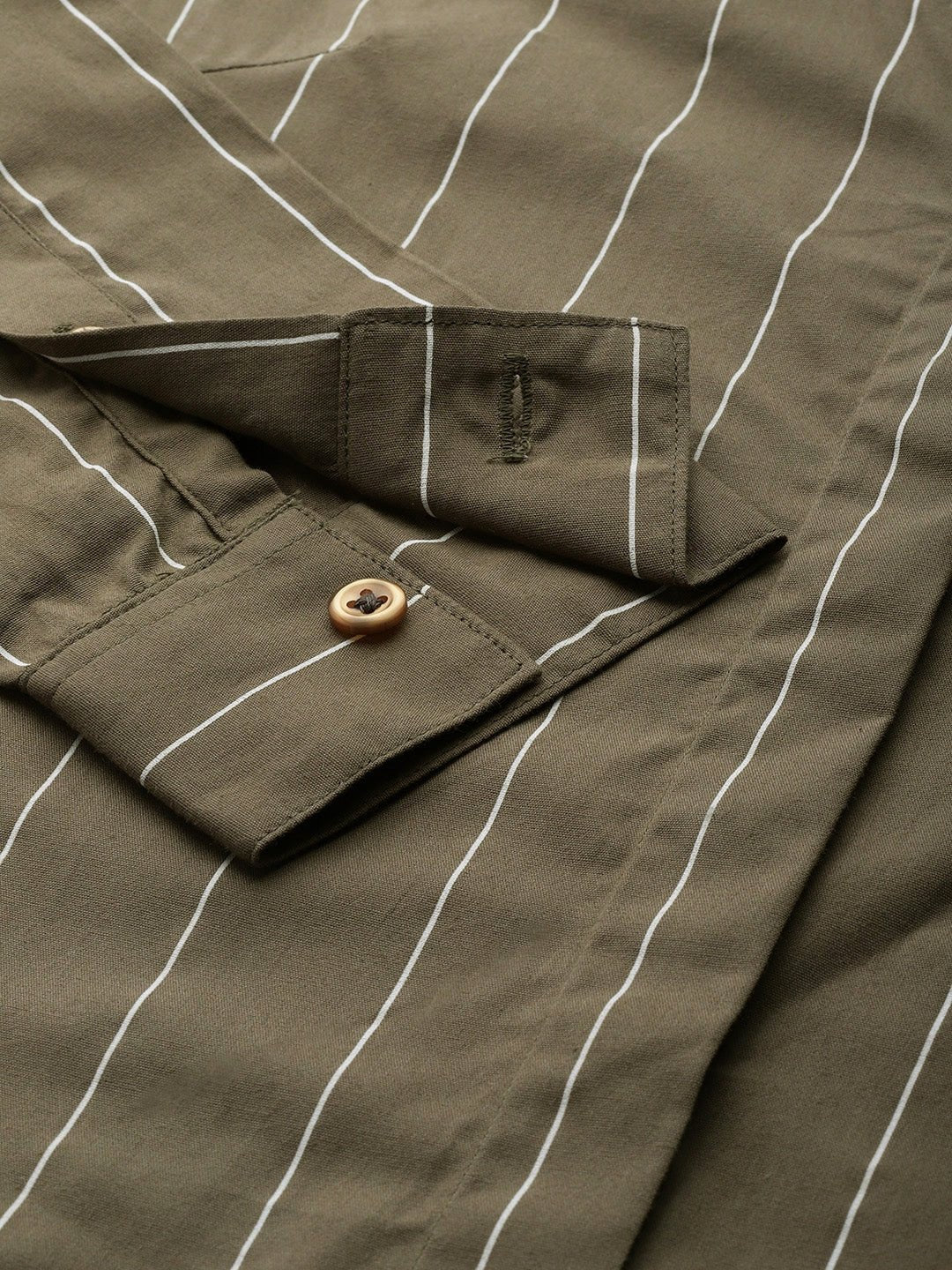 Women Olive Striped Pure Cotton Slim Fit Formal Shirt - #folk republic#