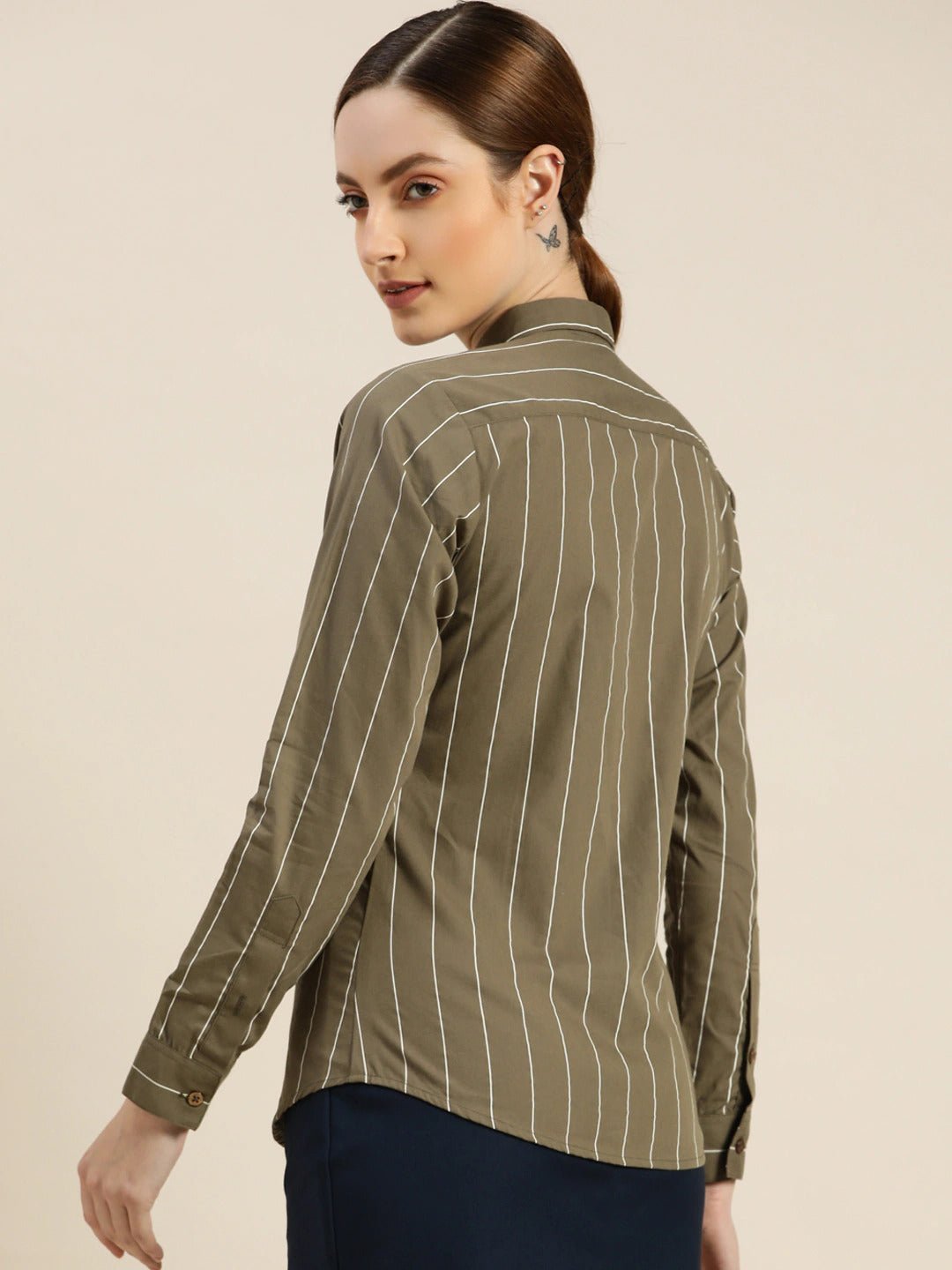 Women Olive Striped Pure Cotton Slim Fit Formal Shirt - #folk republic#
