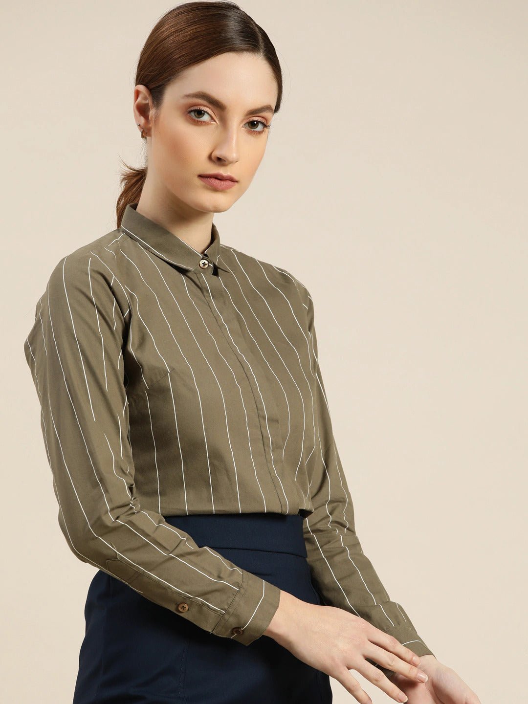 Women Olive Striped Pure Cotton Slim Fit Formal Shirt - #folk republic#