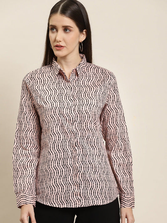 Women Pink & Black Prints Pure Cotton Slim Fit Formal Shirt - #folk republic#