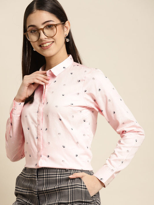 Women Pink Printed Pure Cotton Slim Fit Formal Shirt - #folk republic#