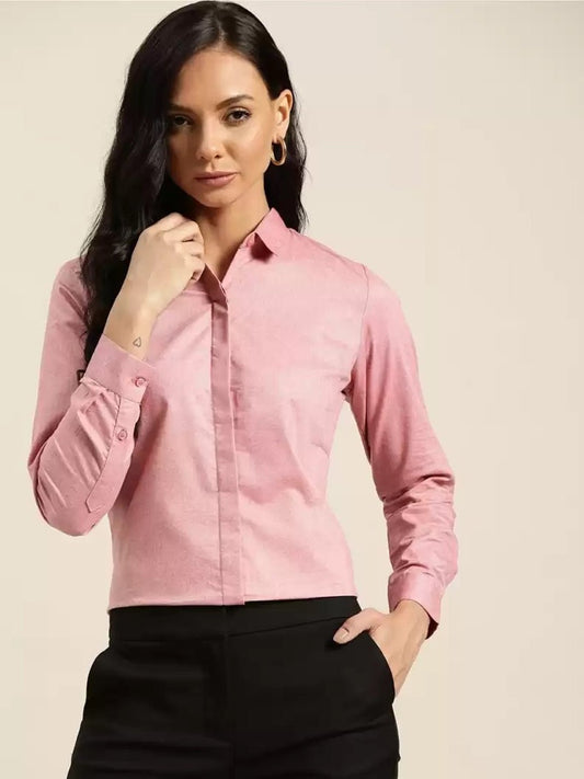 Women Pink Solid Chambray Cotton Rich Slim Fit Formal Shirt - #folk republic#