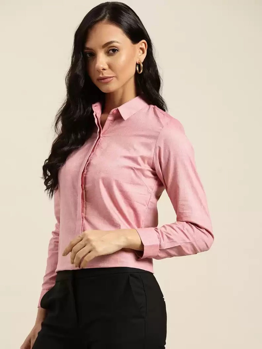 Women Pink Solid Chambray Cotton Rich Slim Fit Formal Shirt - #folk republic#