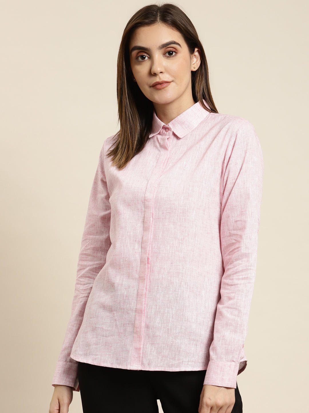 Women Pink Solid Pure Cotton Regular Fit Formal Shirt - #folk republic#