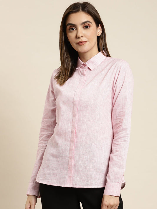 Women Pink Solid Pure Cotton Regular Fit Formal Shirt - #folk republic#