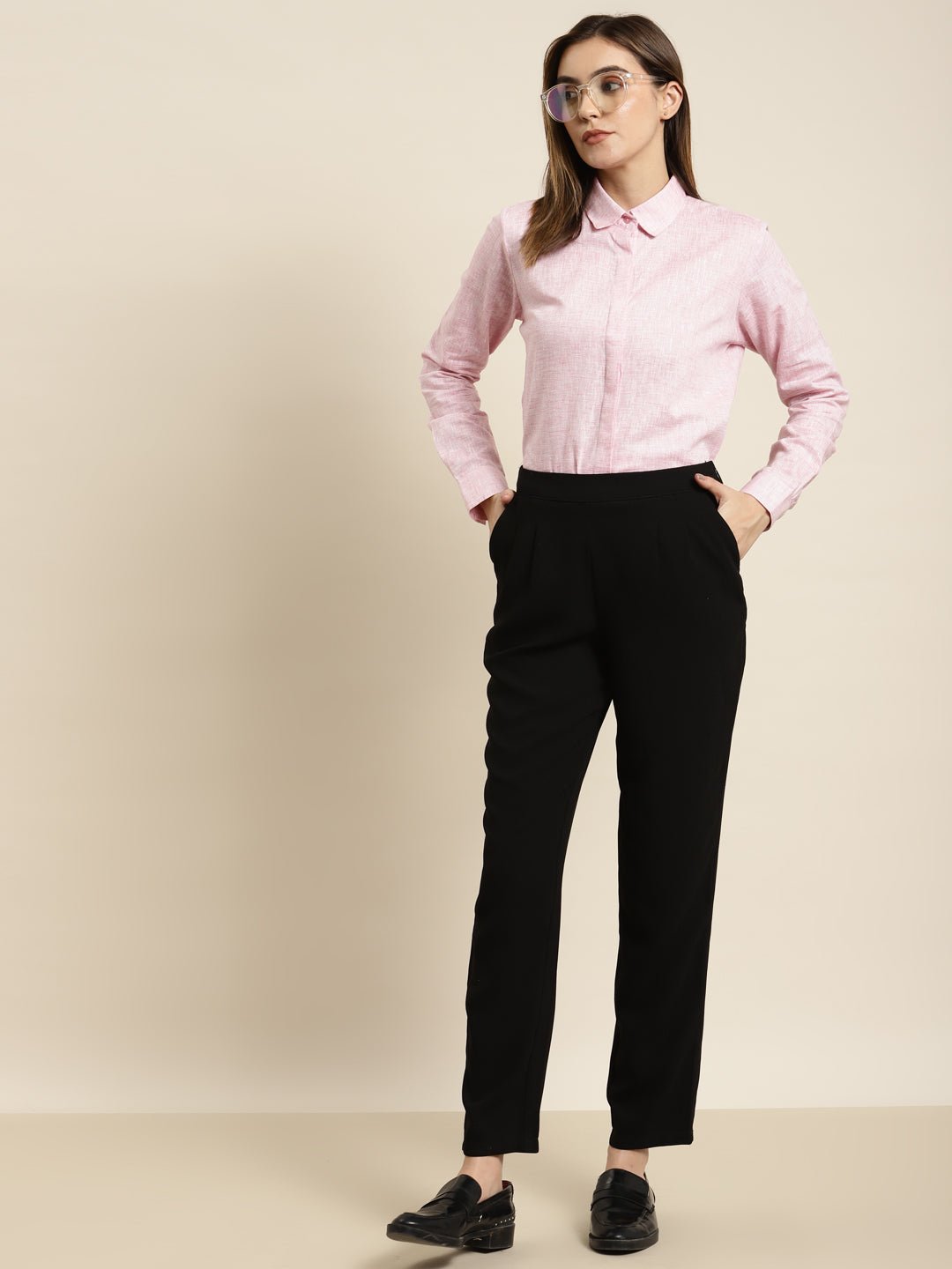 Women Pink Solid Pure Cotton Regular Fit Formal Shirt - #folk republic#