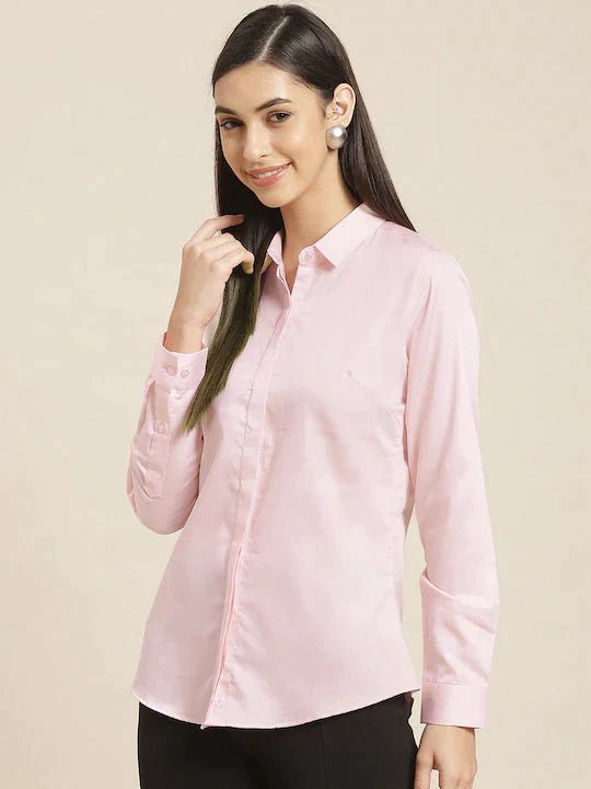 Women Pink Solid Satin Pure Cotton Slim Fit Formal Shirt - #folk republic#
