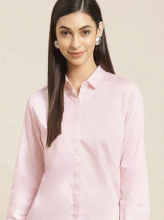 Women Pink Solid Satin Pure Cotton Slim Fit Formal Shirt - #folk republic#