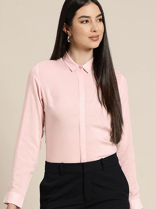 Women Pink Solids Viscose Rayon Slim Fit Formal Shirt - #folk republic#