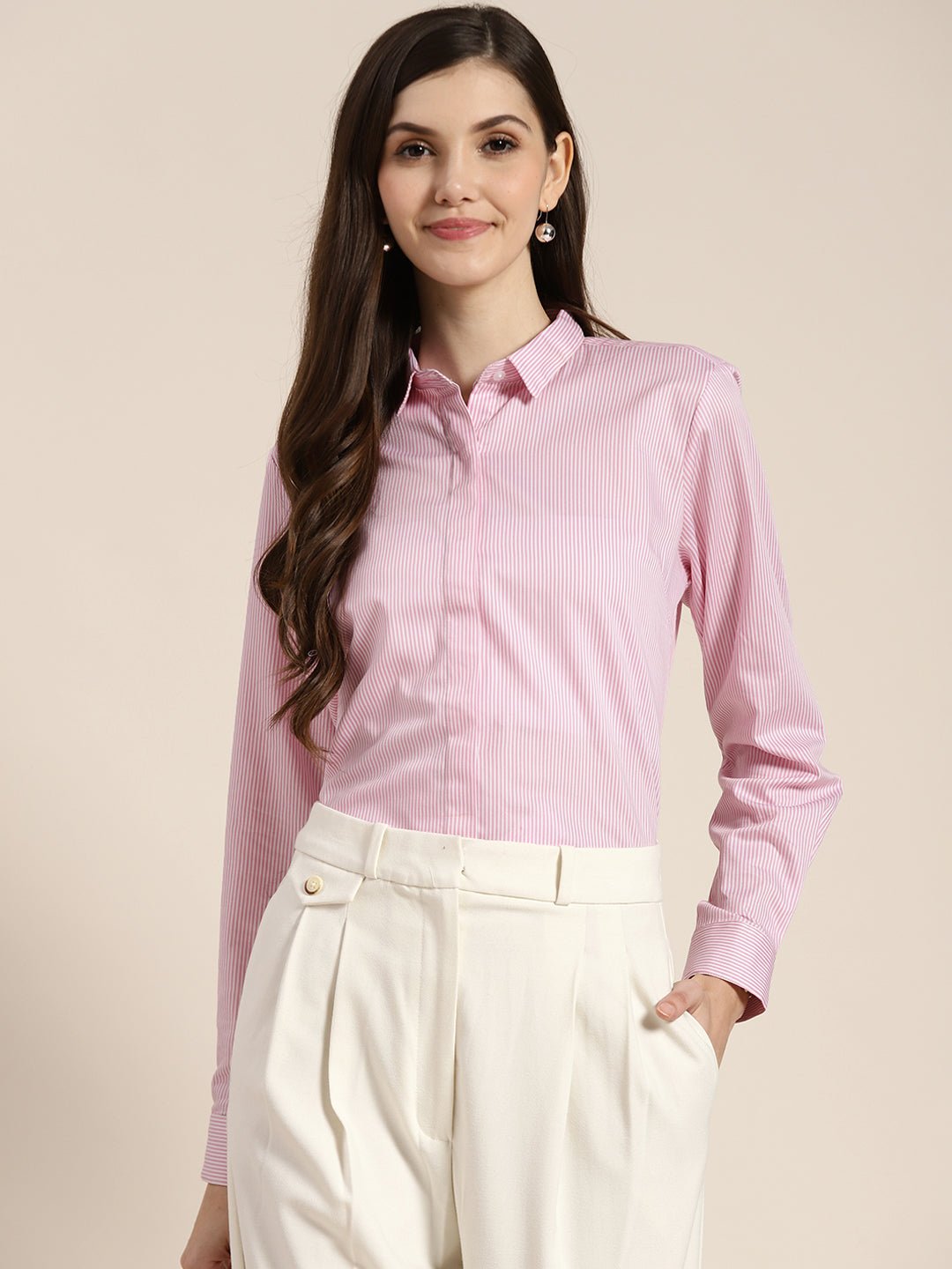 Women Pink Striped Pure Cotton Regular Fit Formal Shirt - #folk republic#