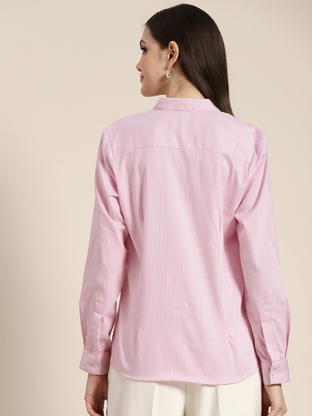 Women Pink Striped Pure Cotton Regular Fit Formal Shirt - #folk republic#