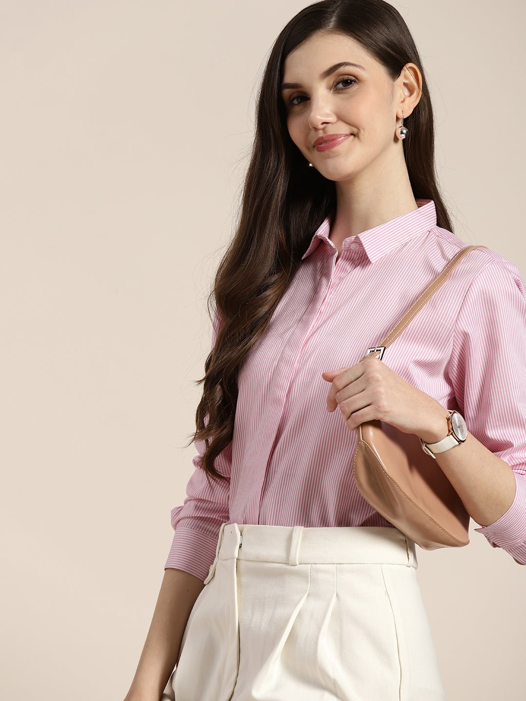 Women Pink Striped Pure Cotton Regular Fit Formal Shirt - #folk republic#
