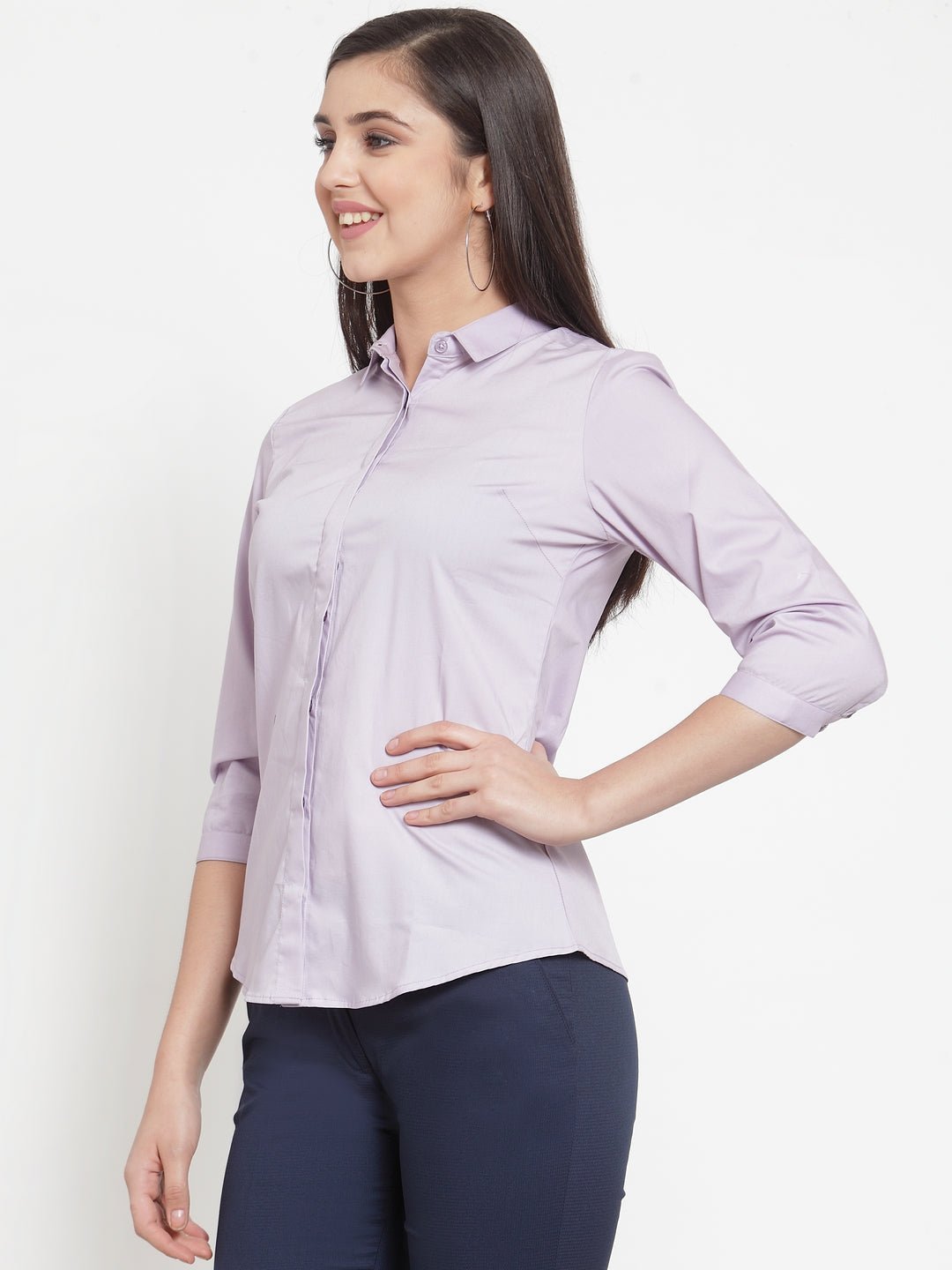 Women Purple Cotton Elastane Solid Slim Fit Formal Shirt - #folk republic#