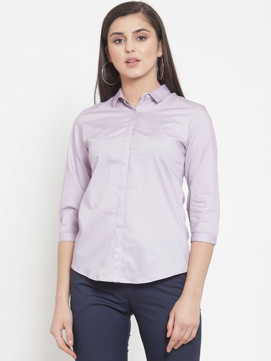 Women Purple Cotton Elastane Solid Slim Fit Formal Shirt - #folk republic#