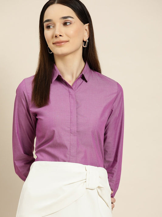 Women Purple Solids Pure Cotton Slim Fit Formal Shirt - #folk republic#