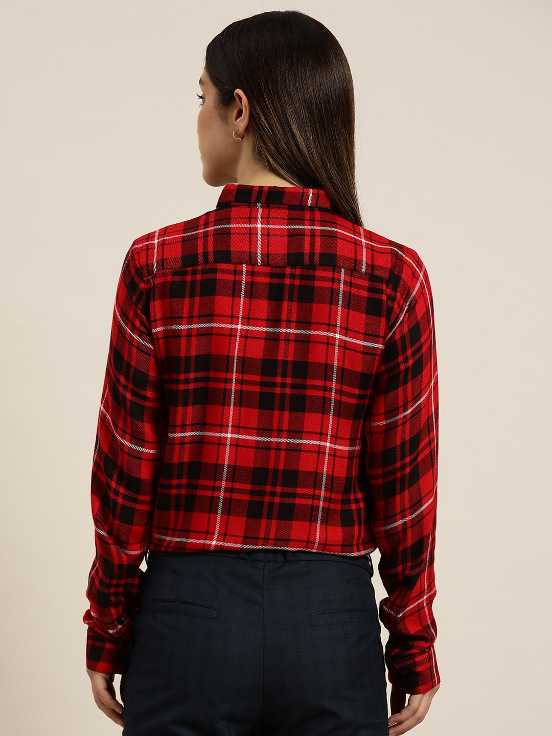 Women Red & Black Checked Viscose Rayon Slim Fit Formal Shirt - #folk republic#