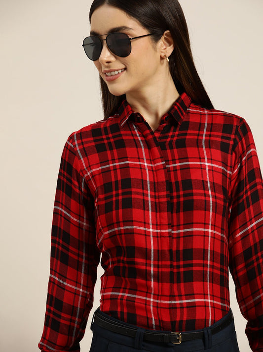 Women Red & Black Checked Viscose Rayon Slim Fit Formal Shirt - #folk republic#