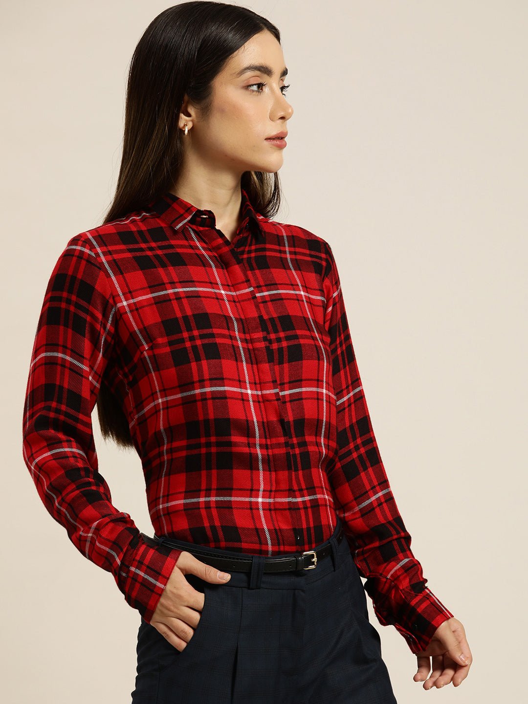 Women Red & Black Checked Viscose Rayon Slim Fit Formal Shirt - #folk republic#