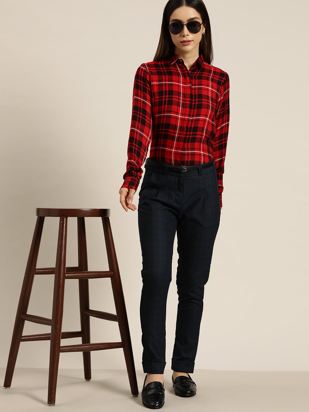 Women Red & Black Checked Viscose Rayon Slim Fit Formal Shirt - #folk republic#