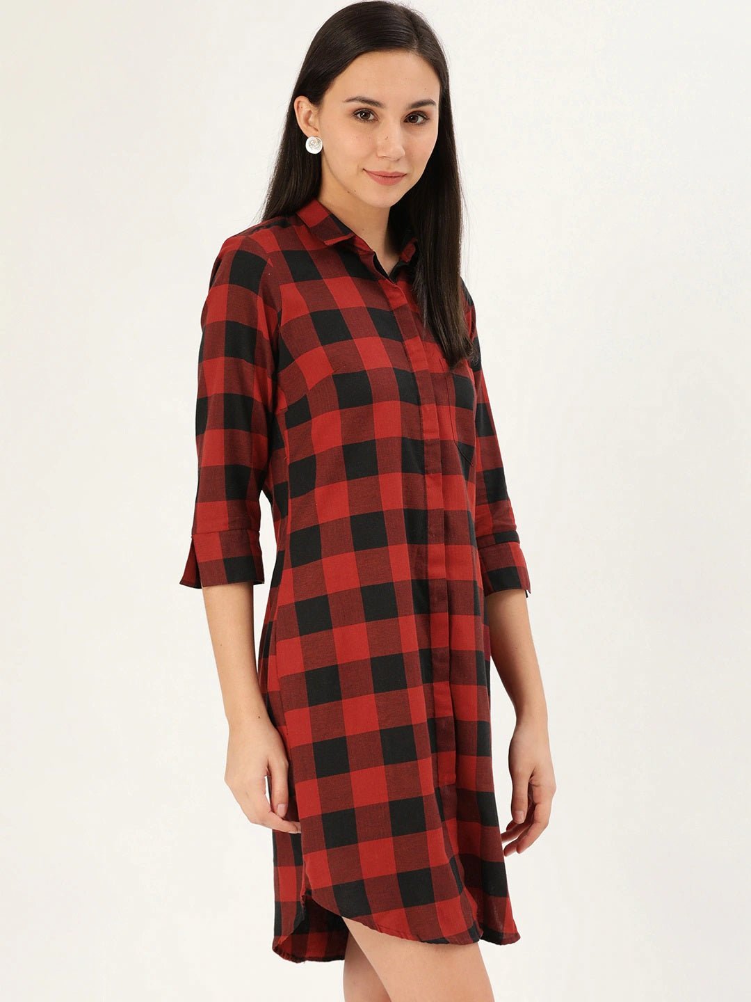 Women Red & Black Checks Pure Cotton Regular Fit Shirt Dress - #folk republic#
