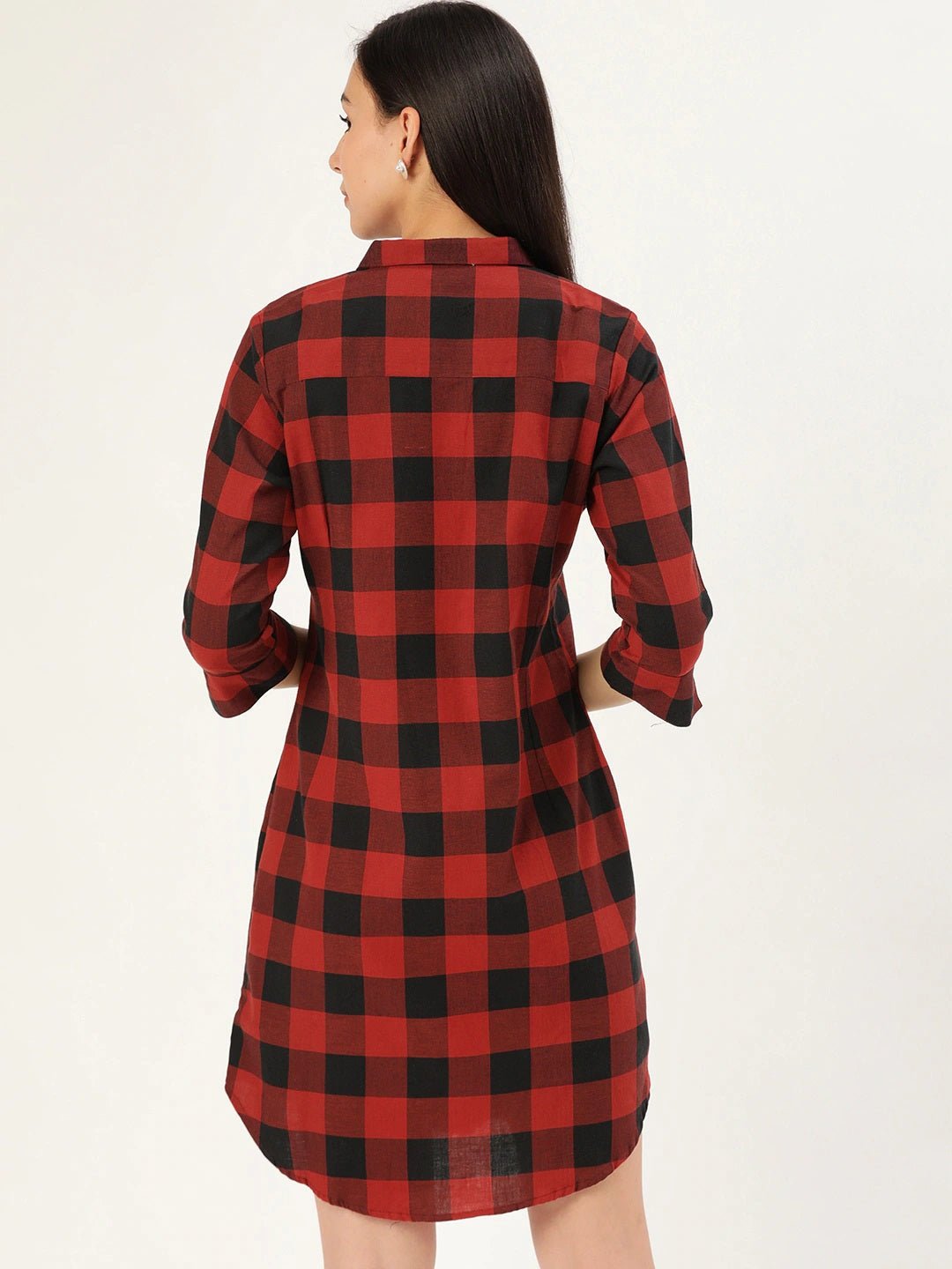 Women Red & Black Checks Pure Cotton Regular Fit Shirt Dress - #folk republic#