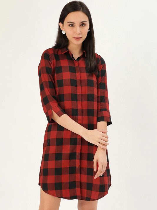Women Red & Black Checks Pure Cotton Regular Fit Shirt Dress - #folk republic#