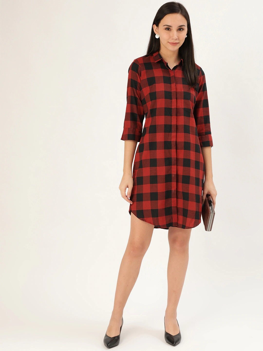 Women Red & Black Checks Pure Cotton Regular Fit Shirt Dress - #folk republic#