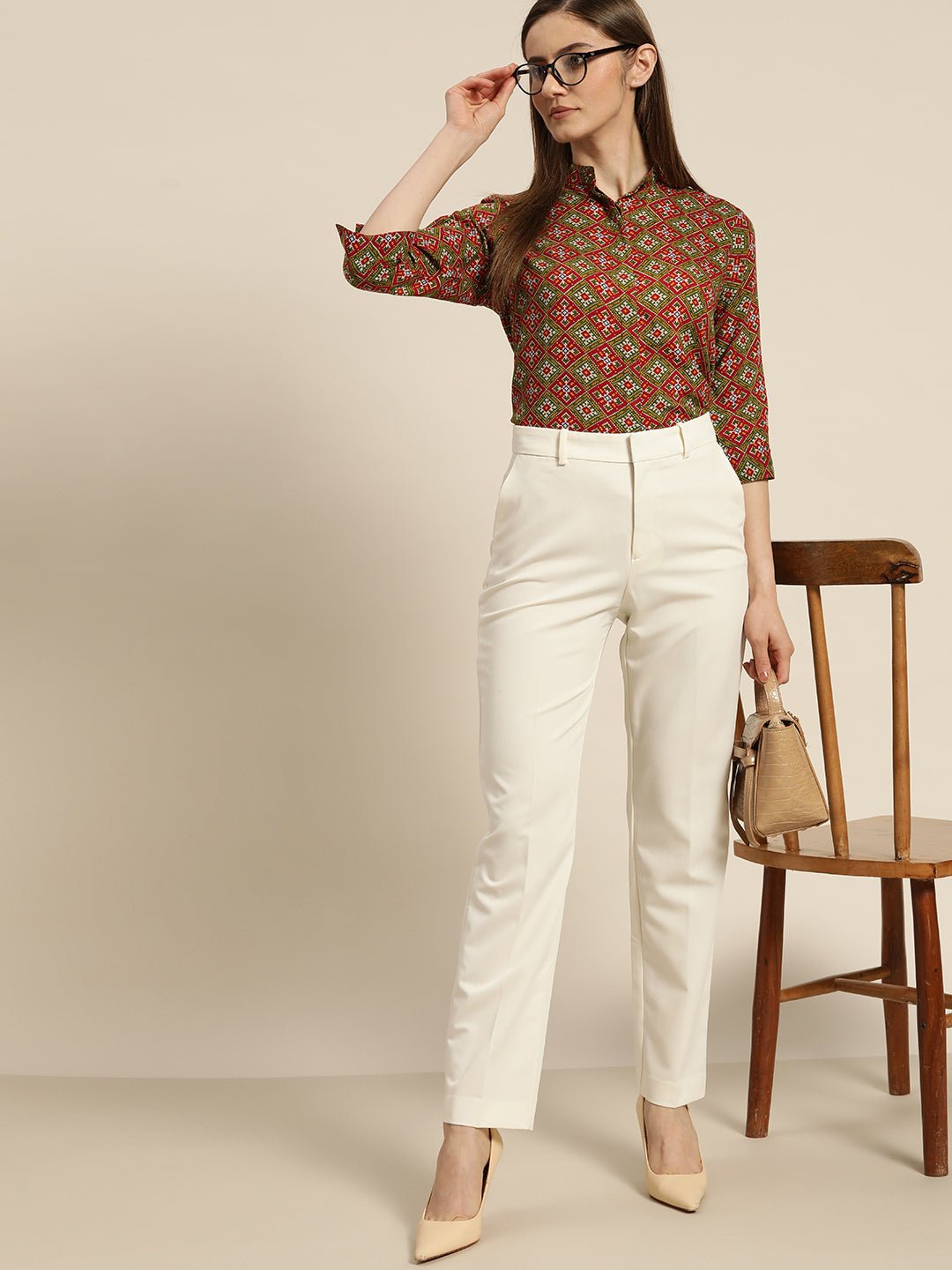Women Red & Green Printed Viscose Rayon Regular Fit Formal Shirt - #folk republic#