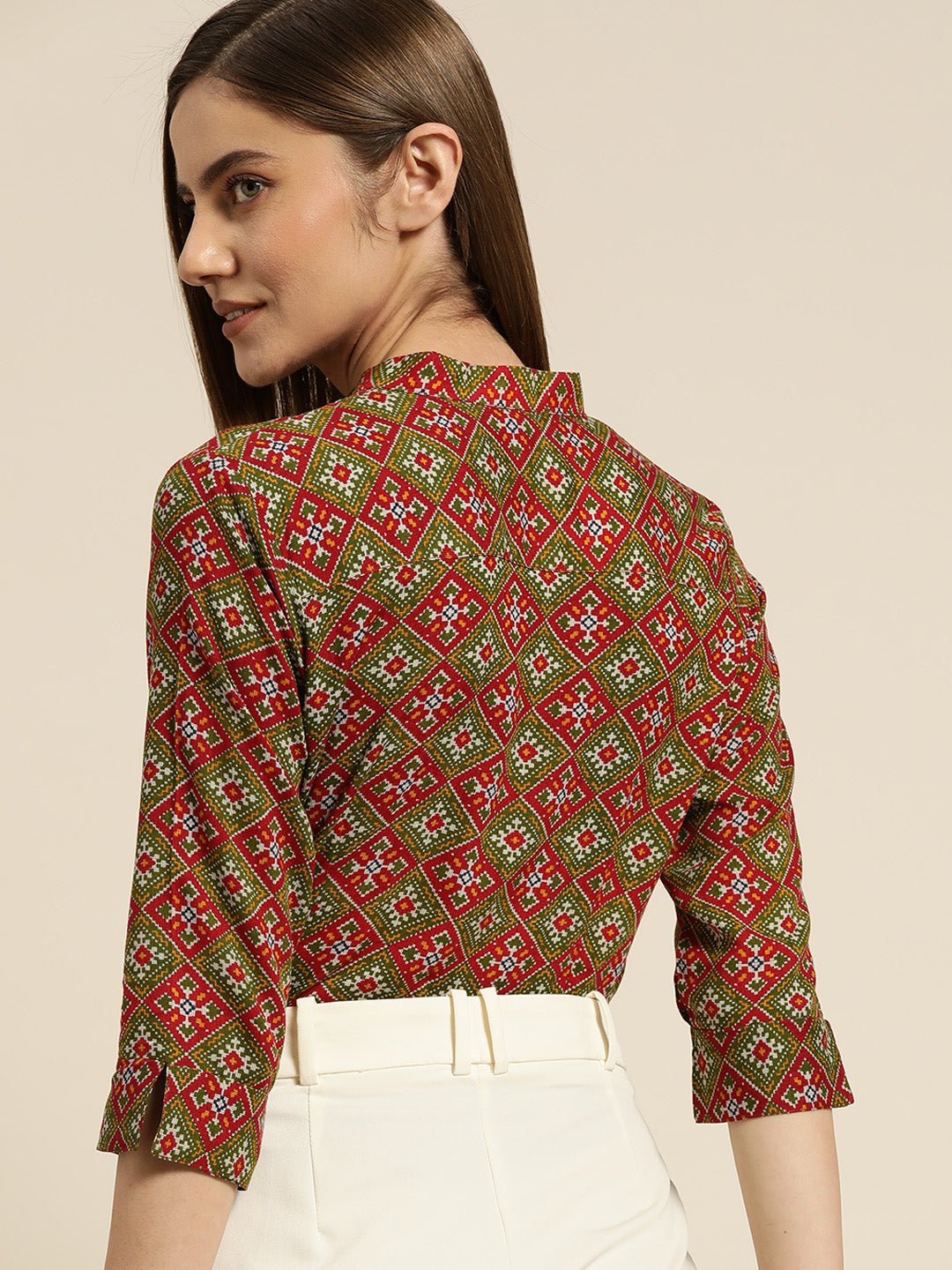 Women Red & Green Printed Viscose Rayon Regular Fit Formal Shirt - #folk republic#