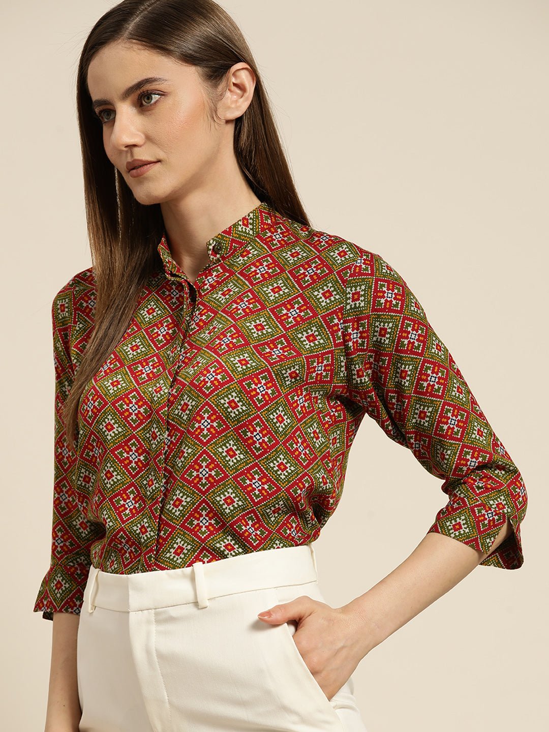 Women Red & Green Printed Viscose Rayon Regular Fit Formal Shirt - #folk republic#