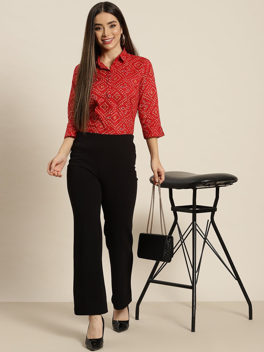 Women Red Printed Pure Cotton Regular Fit Formal Shirt - #folk republic#