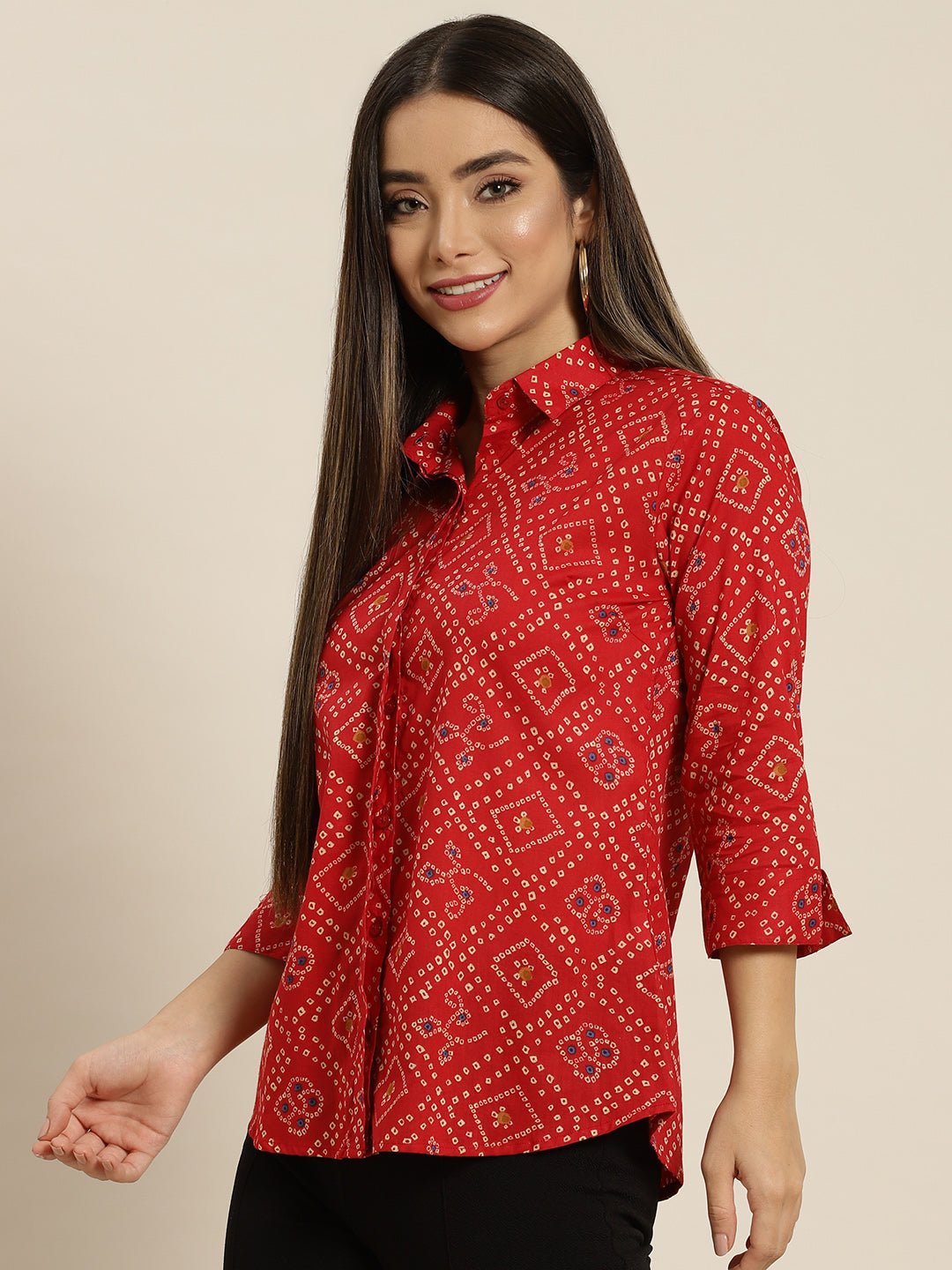 Women Red Printed Pure Cotton Regular Fit Formal Shirt - #folk republic#
