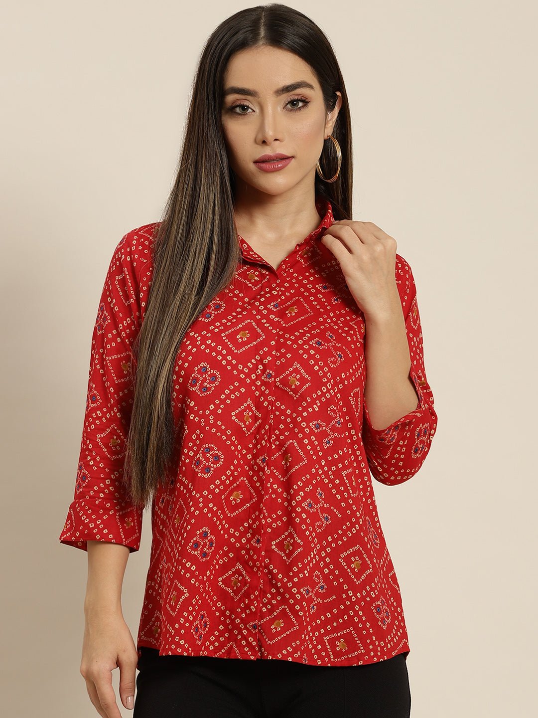 Women Red Printed Pure Cotton Regular Fit Formal Shirt - #folk republic#