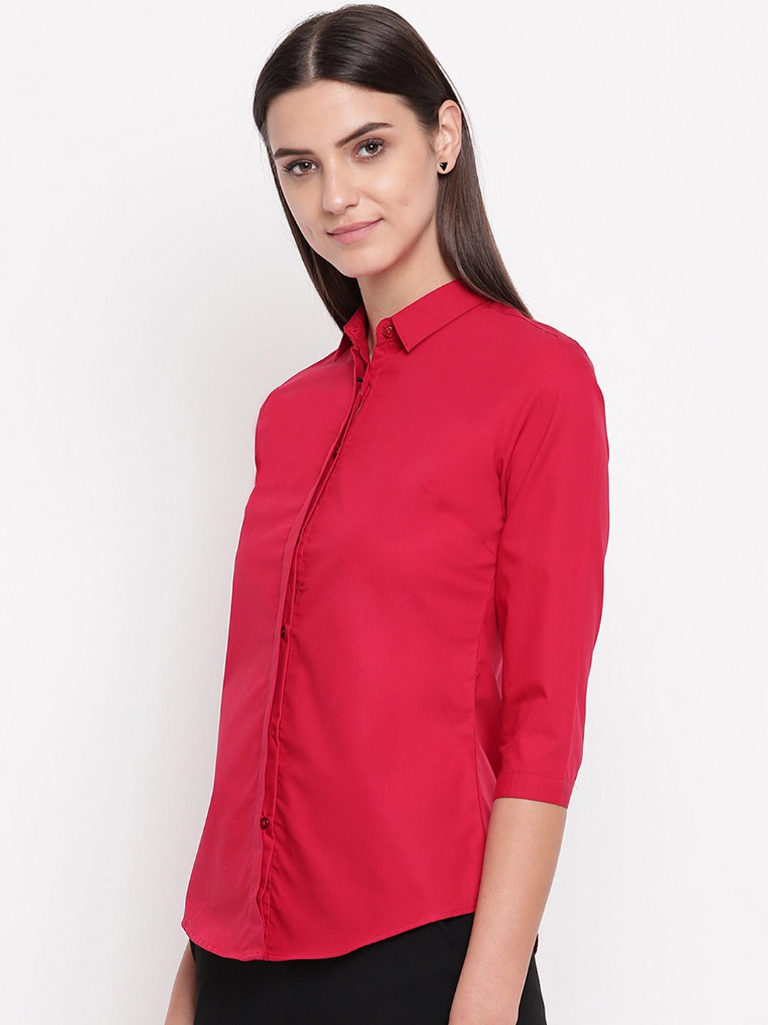 Women Red Pure Cotton Solid Slim Fit Formal Shirt - #folk republic#