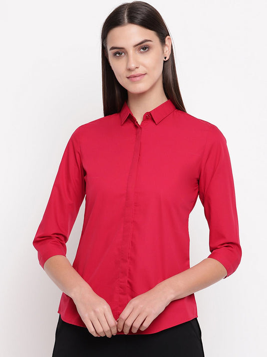 Women Red Pure Cotton Solid Slim Fit Formal Shirt - #folk republic#