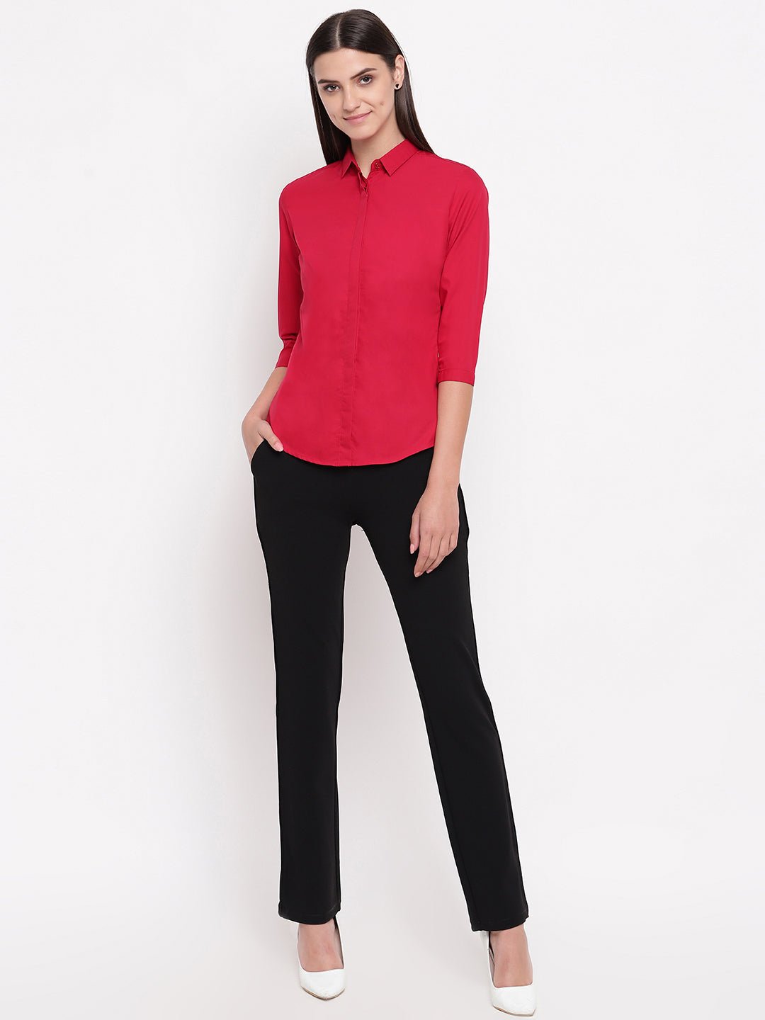 Women Red Pure Cotton Solid Slim Fit Formal Shirt - #folk republic#