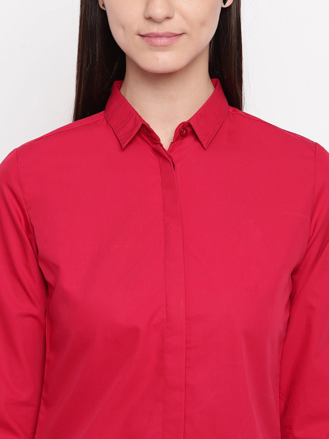 Women Red Pure Cotton Solid Slim Fit Formal Shirt - #folk republic#