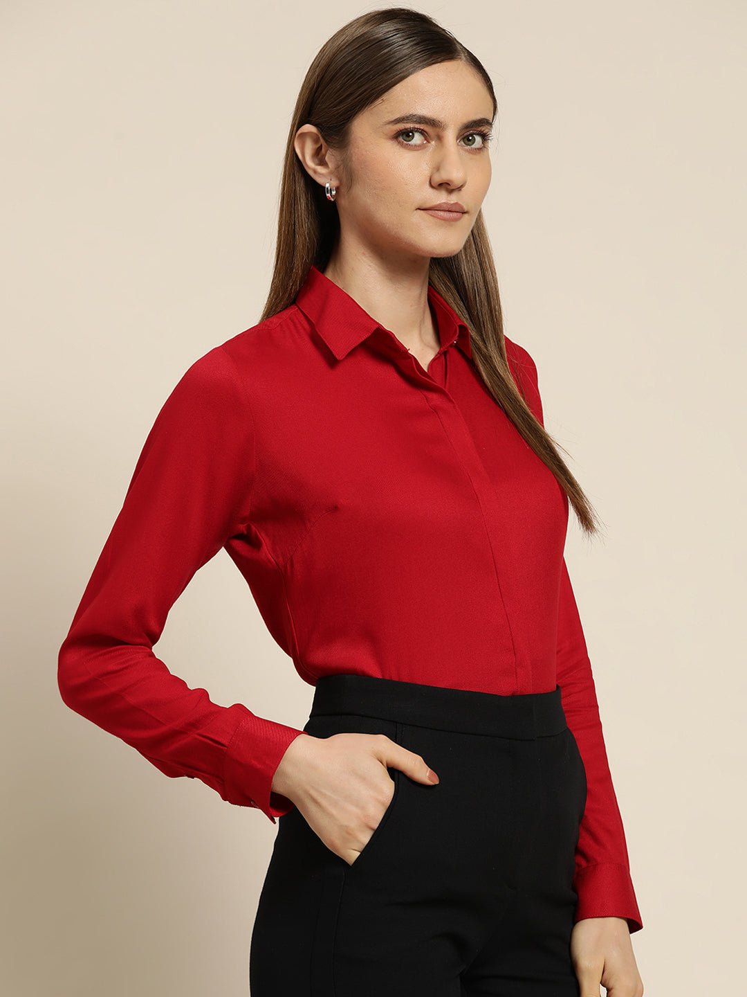 Women Red Solid Viscose Rayon Regular Fit Formal Shirt - #folk republic#
