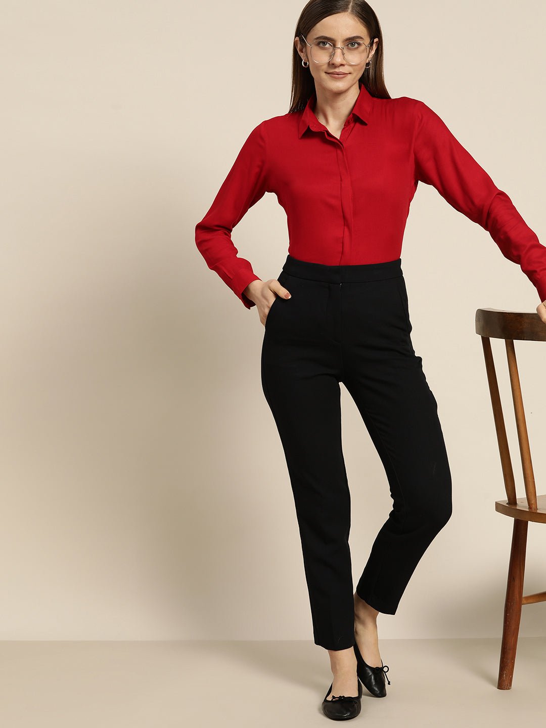 Women Red Solid Viscose Rayon Regular Fit Formal Shirt - #folk republic#